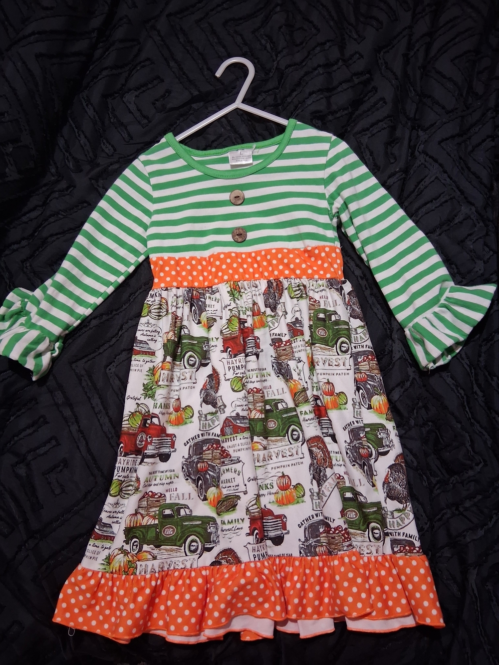 Girls' Green Stripe and Orange Harvest Print Dress